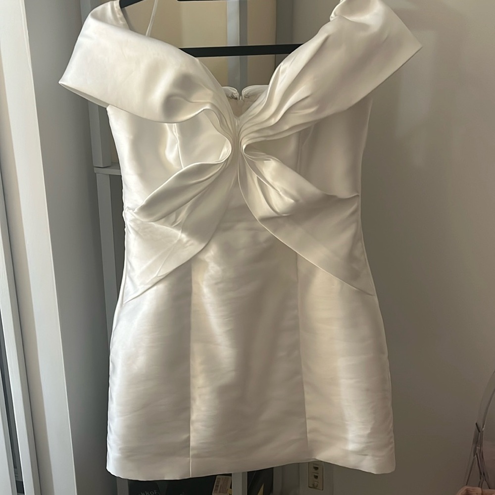 White Elliatt off the shoulder mini dress.